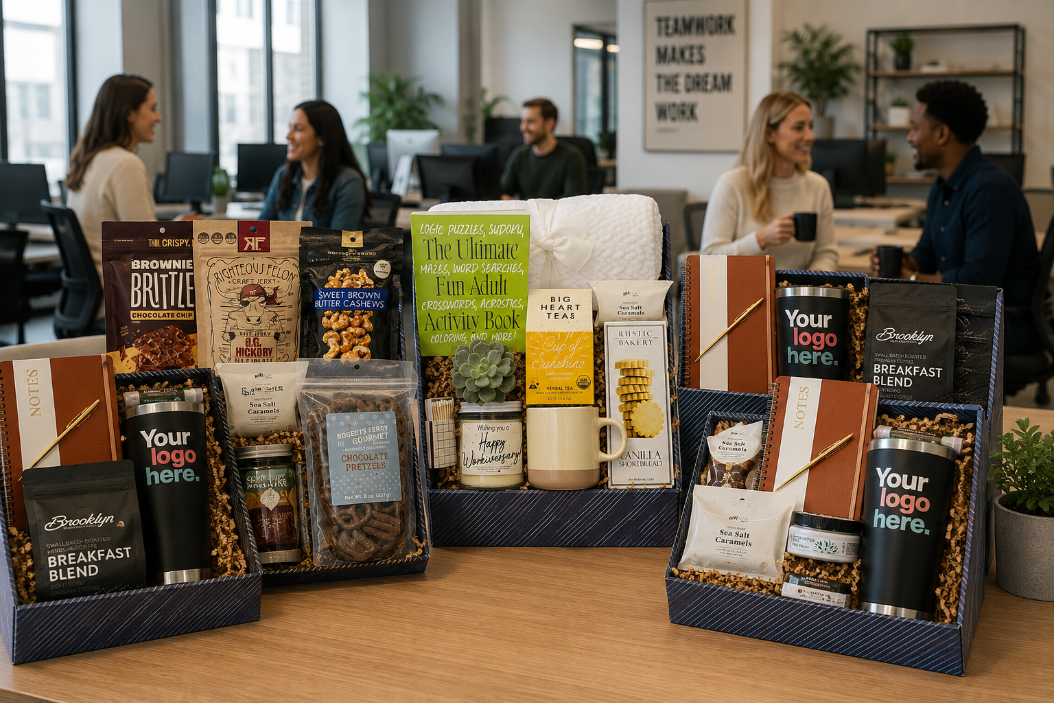 Gifts for employees box with cozy blanket, candle, fuzzy socks, and caramels
