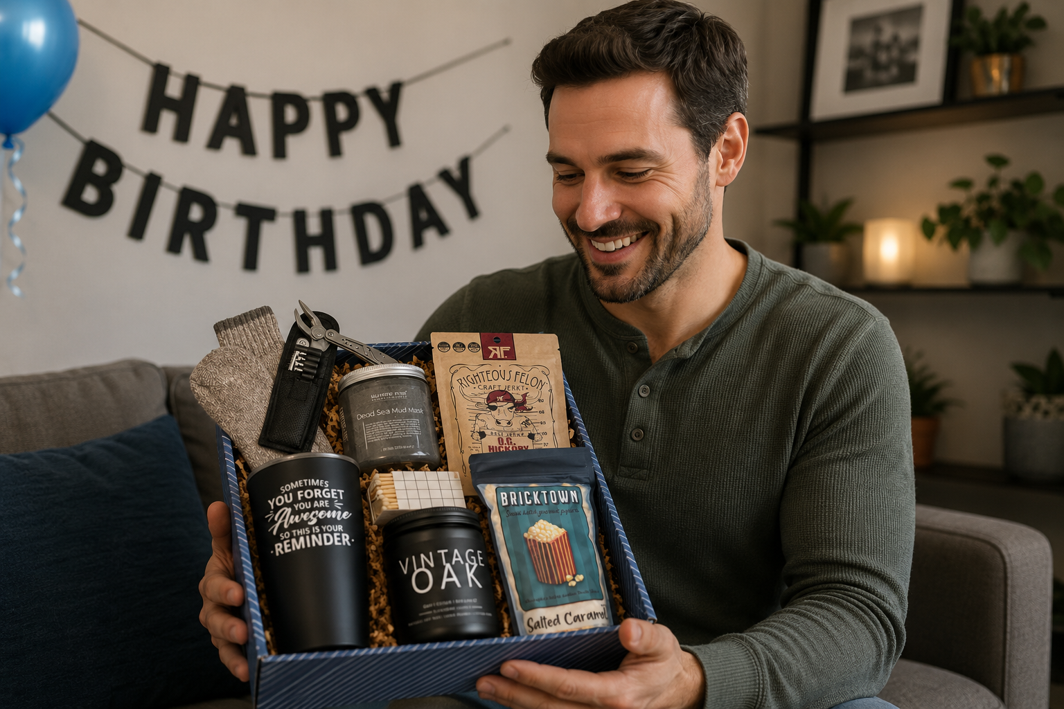 Mens birthday gift box with candle, gourmet popcorn, beef jerky, socks, and caramels