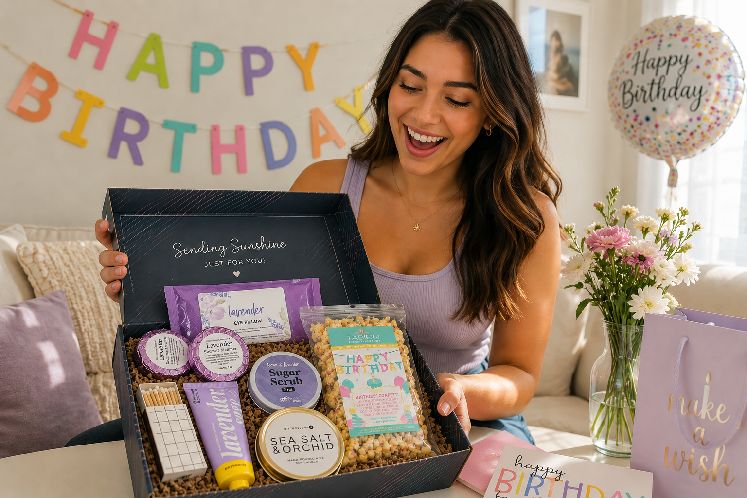Summer birthday gift ideas shown in a bright ready to ship birthday gift box