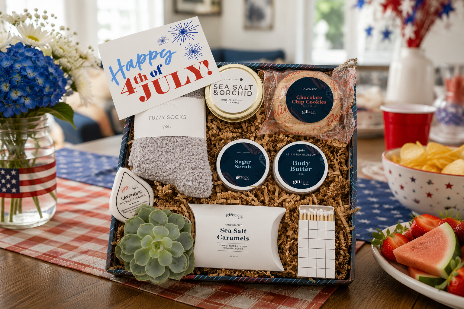 Last minute 4th of July gifts arranged in a festive patriotic gift box