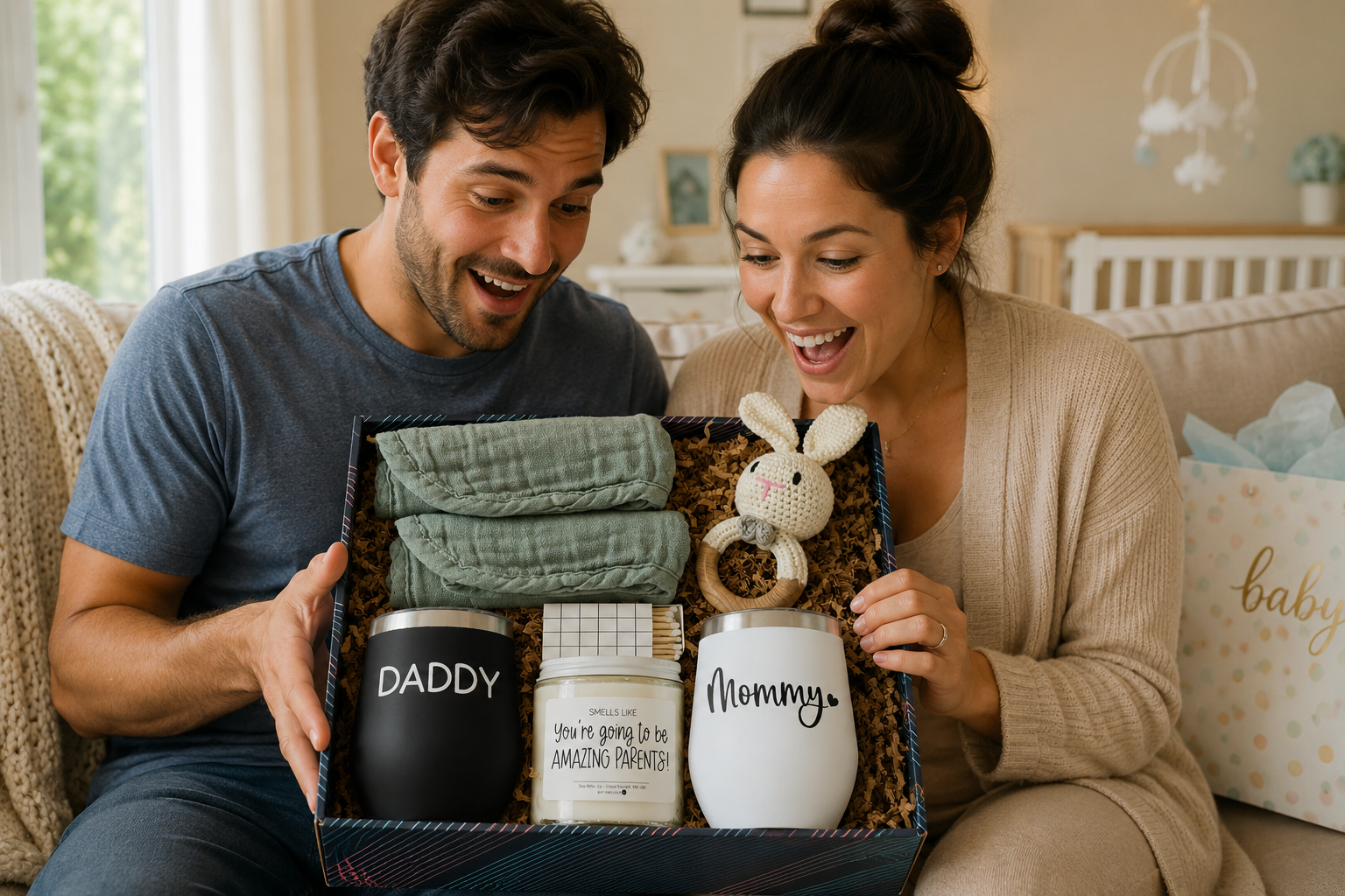 Gifts for new parents shown in a celebratory new parent gift box