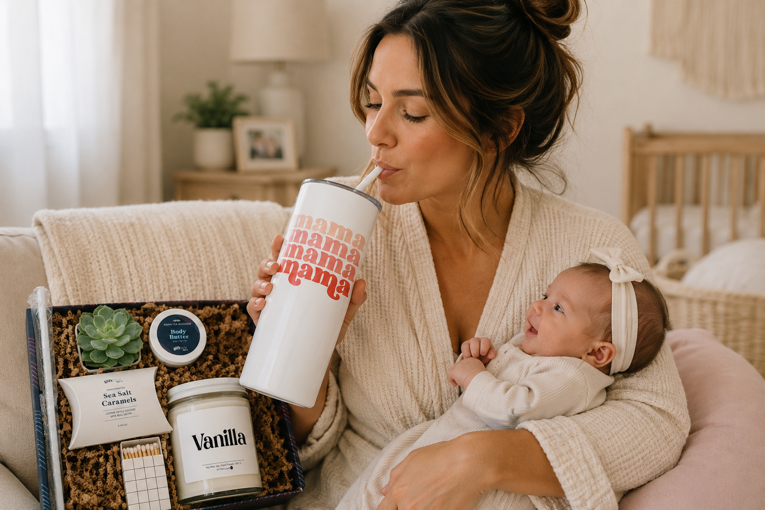 A gift for a new mom featuring a nurturing self care new baby gift box