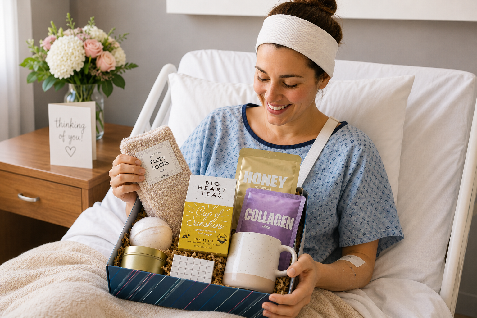 Get well gift box ideas with cozy tea, candle, and blanket to comfort someone recovering
