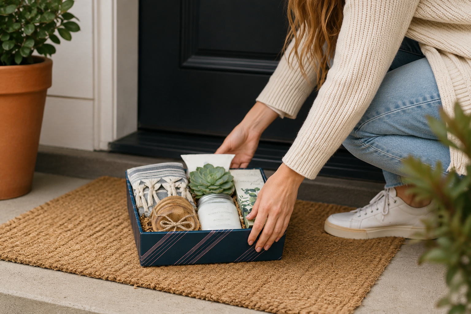 Housewarming gift boxes filled with cozy comforts for someone who just moved in