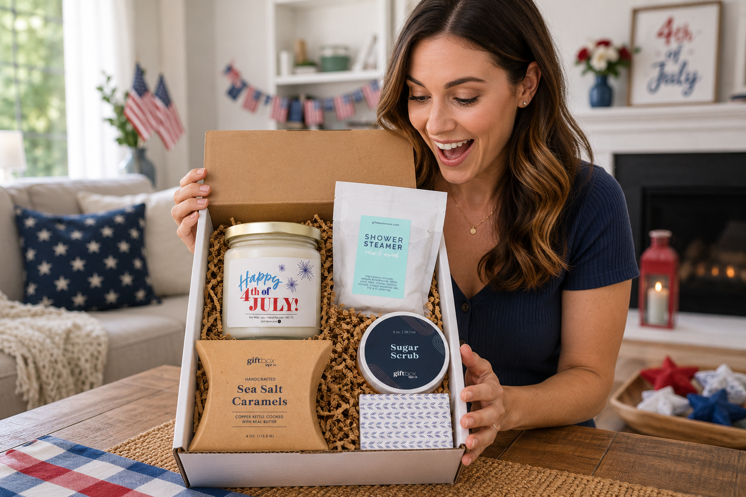 4th of July self care gift box with candle, sugar scrub, and caramels