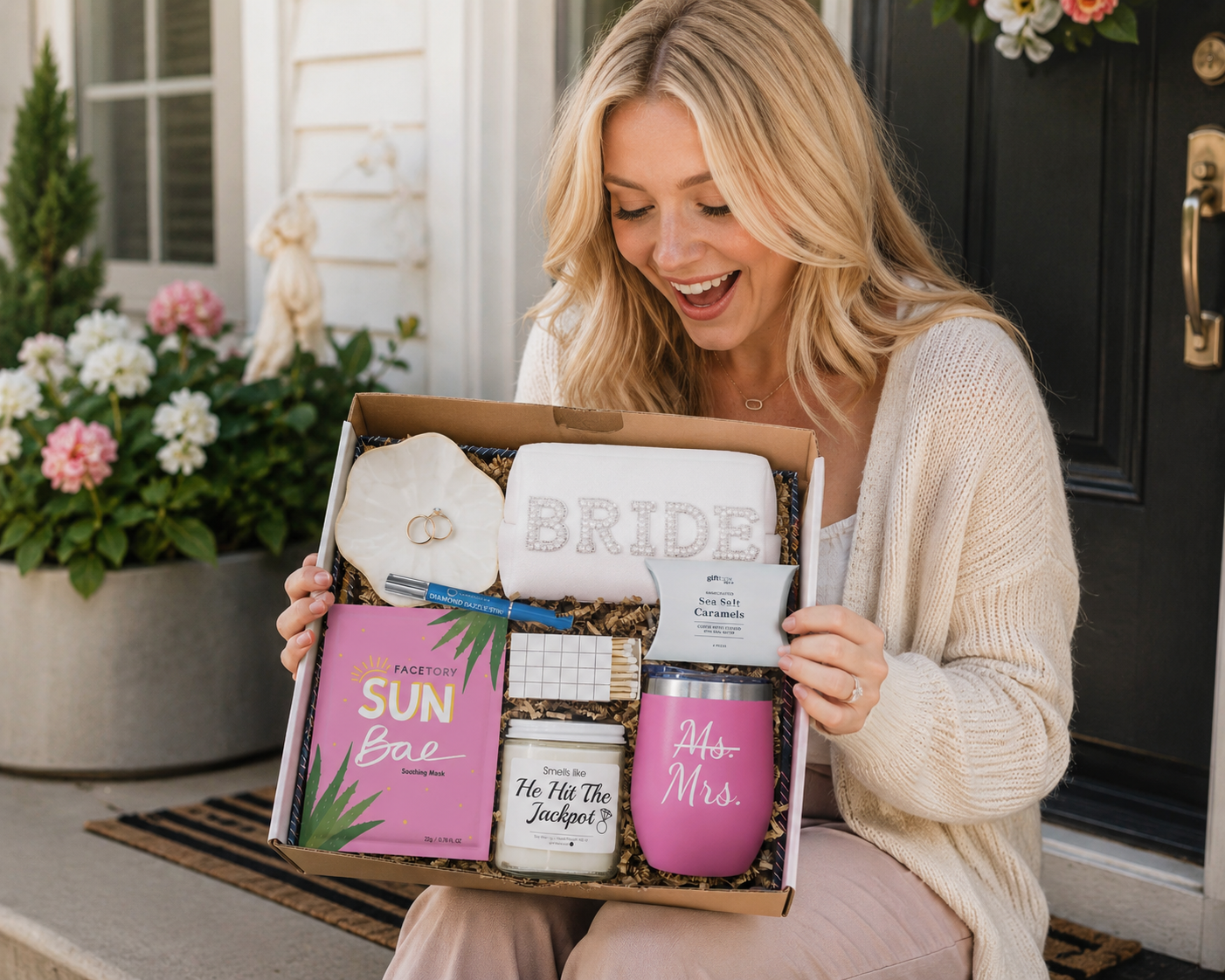 Engagement gift box with tumblers, candle, and ring dish for the newly engaged
