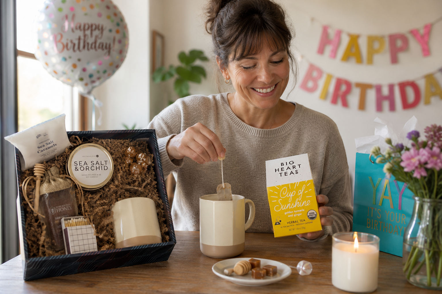 Birthday gift boxes for women with a personalized tumbler and soy candle