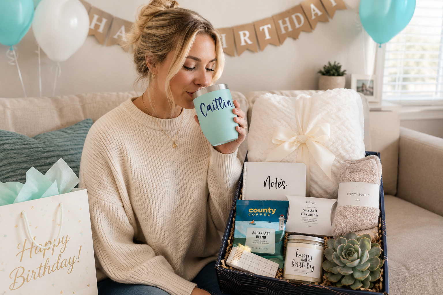 Birthday gift boxes for women with a candle, cozy socks, and sweet treats