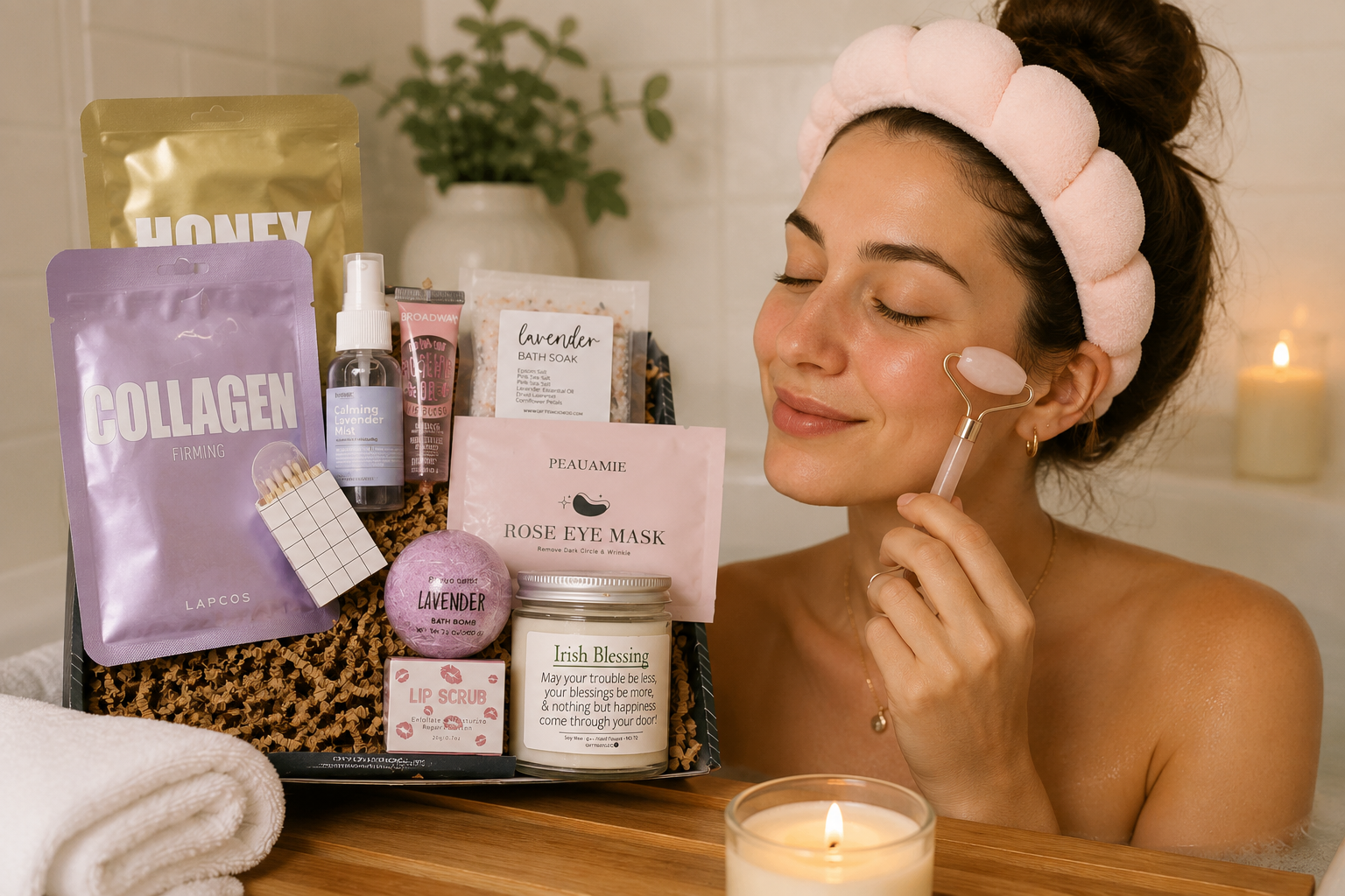 spa gift baskets with candle sugar scrub and eye mask for wellness