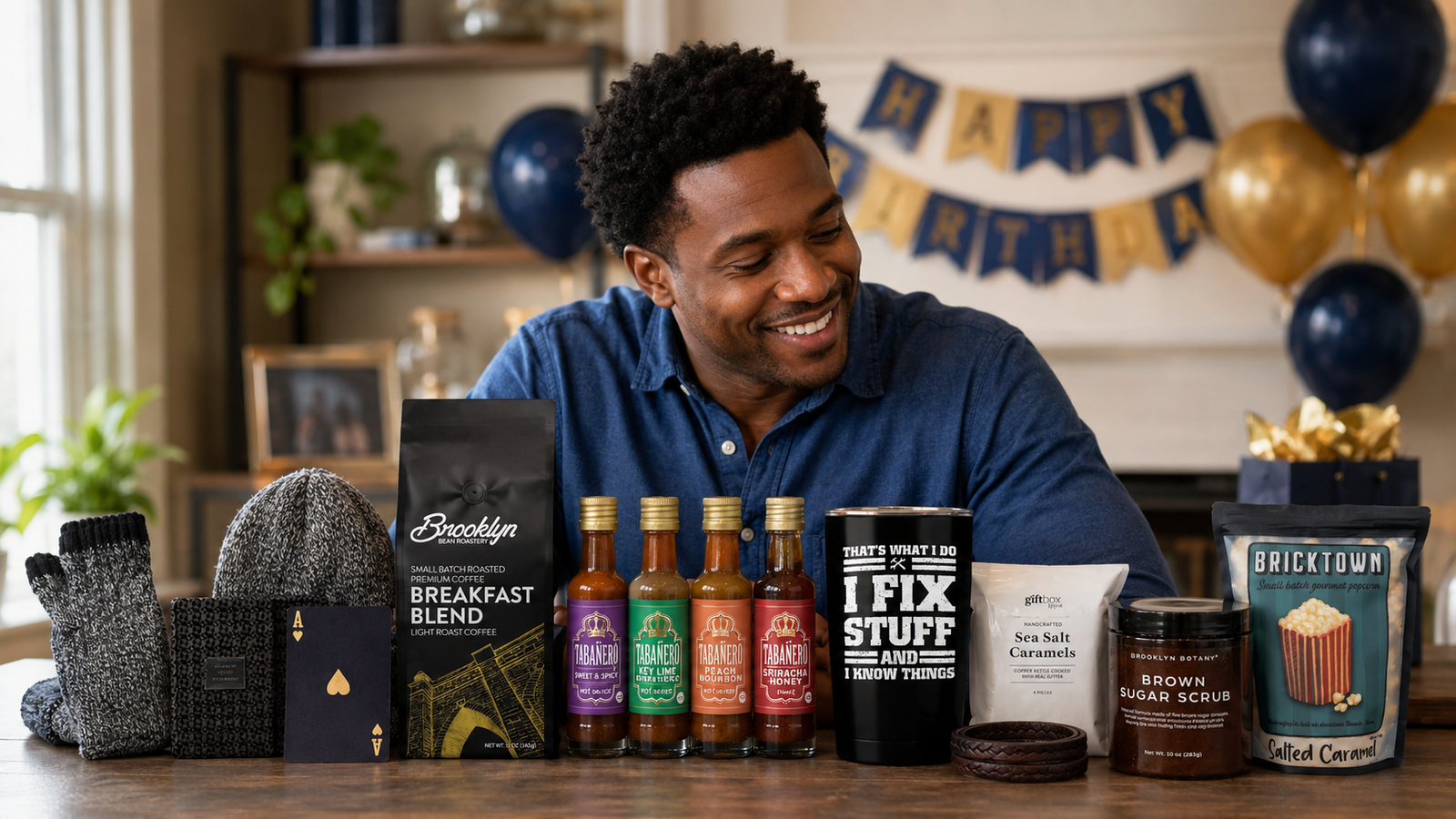 A men's gift box with a tumbler and snacks for the guy who is hard to buy for