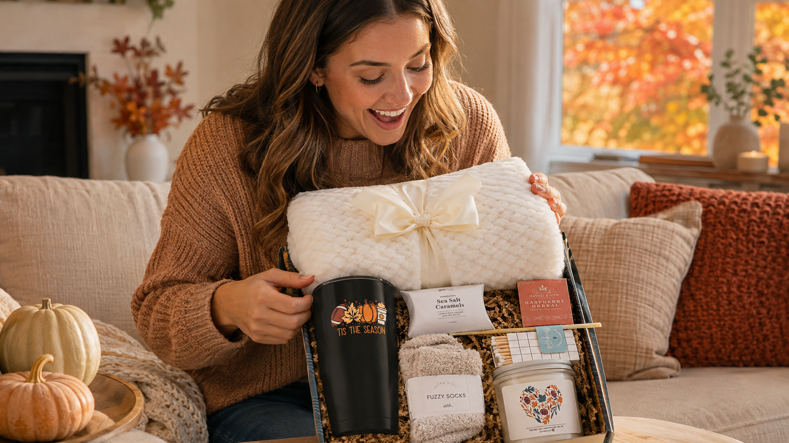 Cozy fall gift boxes for women with a blanket, candle, and autumn treats 