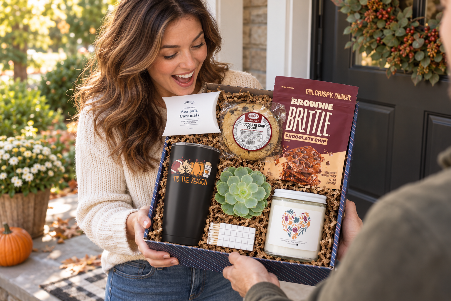 Cozy fall gift box sent as a thinking of you gift with a candle and blanket