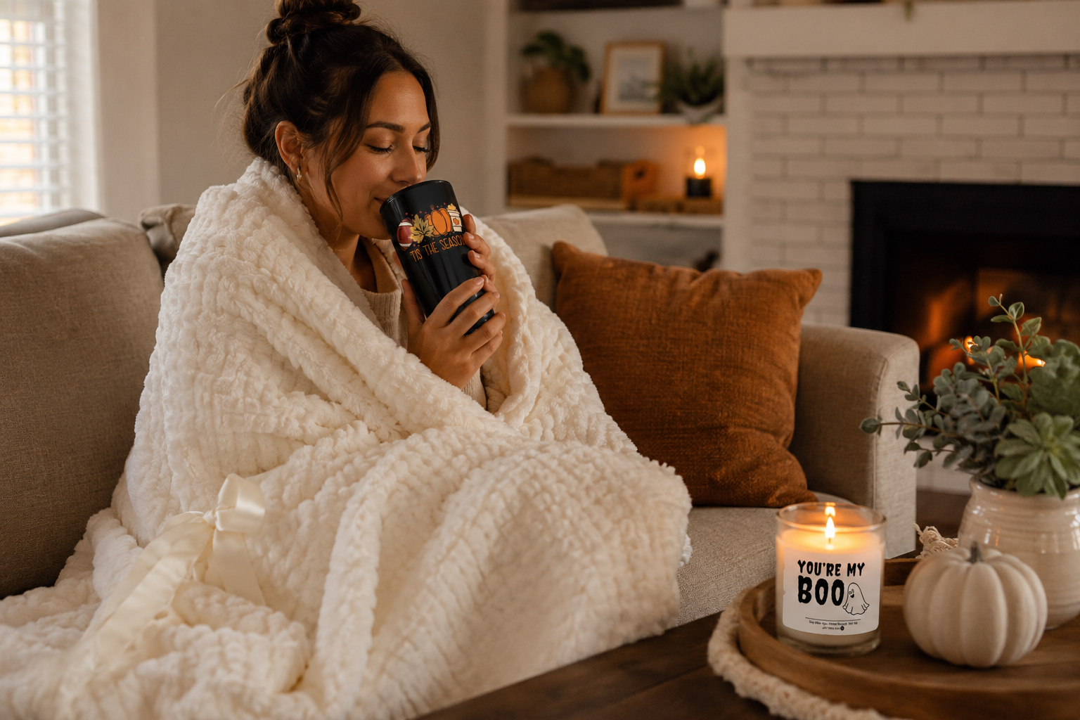 Fall gift boxes with a soy candle, plush blanket, and warm autumn treats