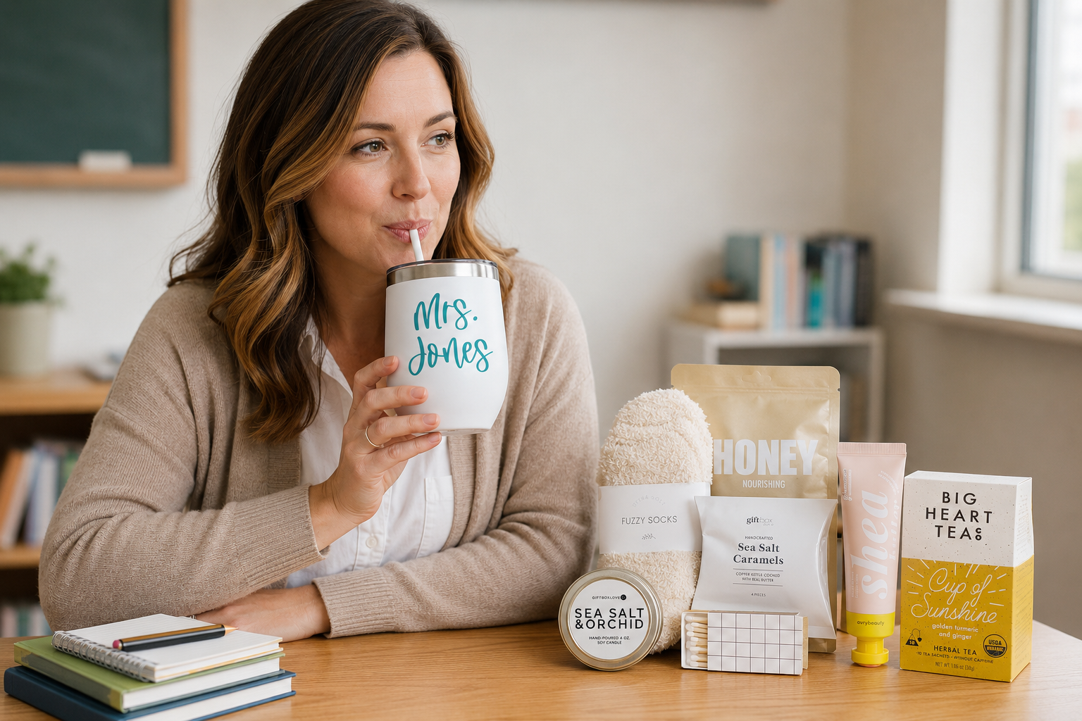ack to school teacher gifts box with candle, tea, and a handwritten card.