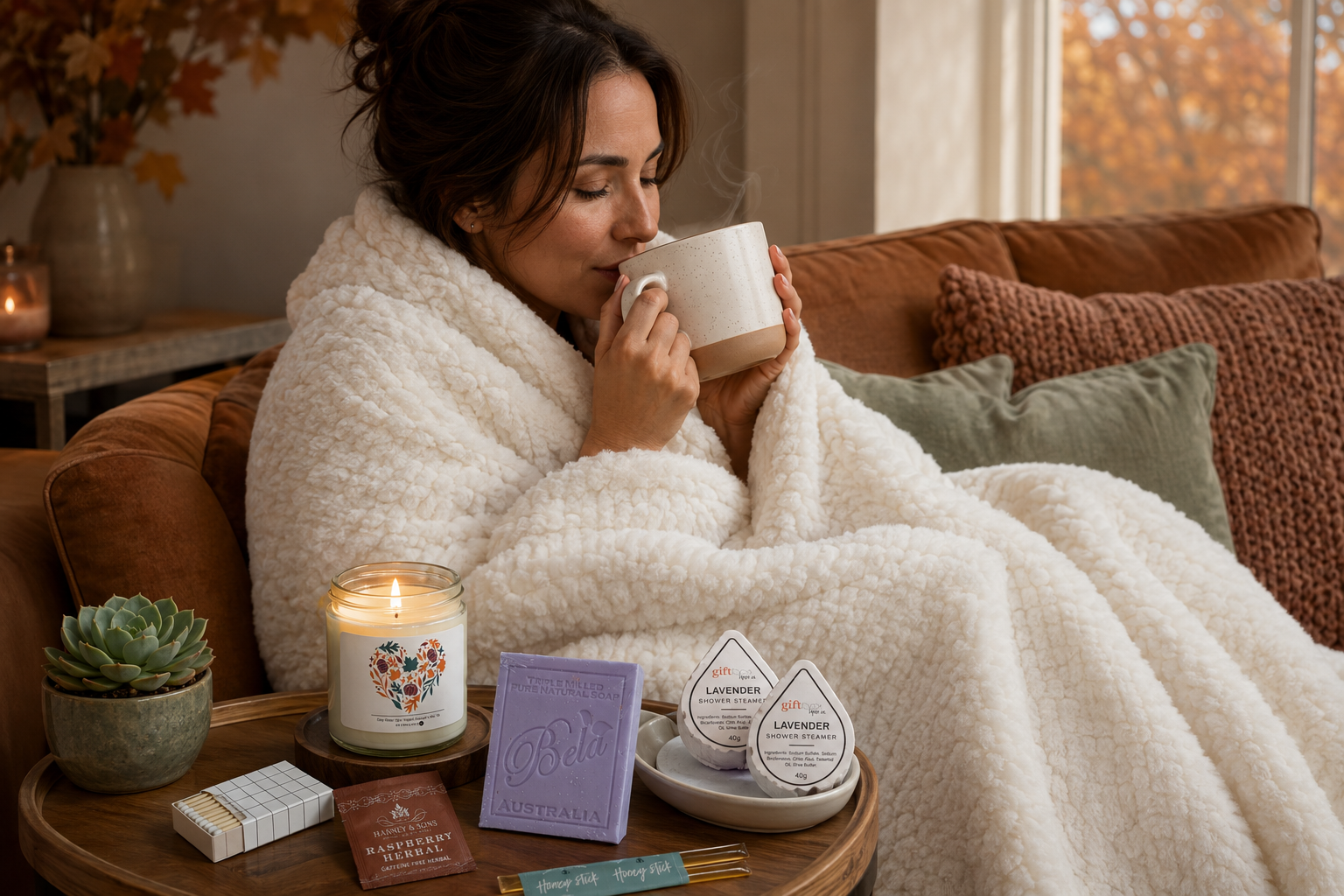 Fall care package with candle, tea, cozy socks, and treats to say thinking of you.