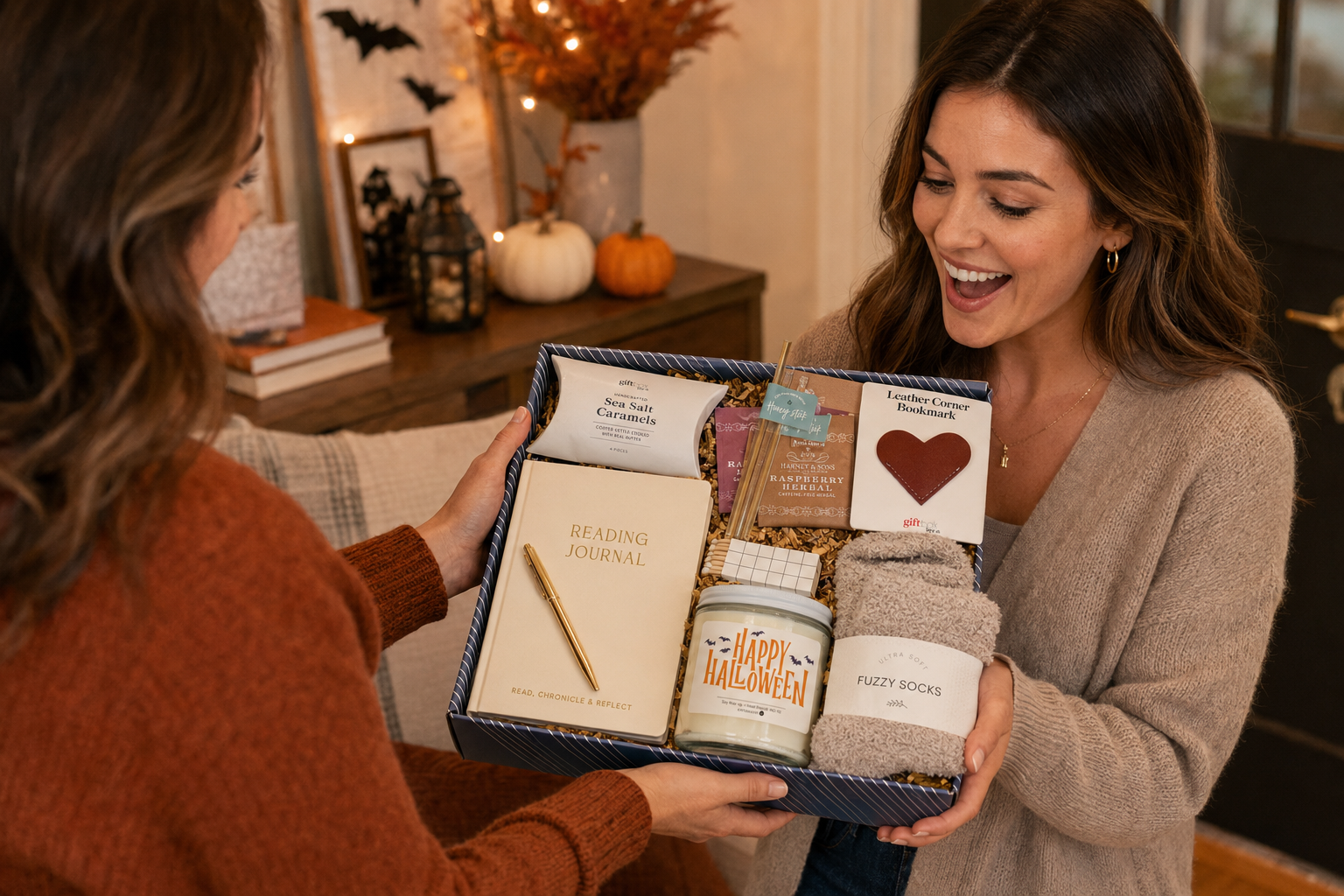 Halloween gift boxes for adults with candles, caramels, cozy socks, and treats.