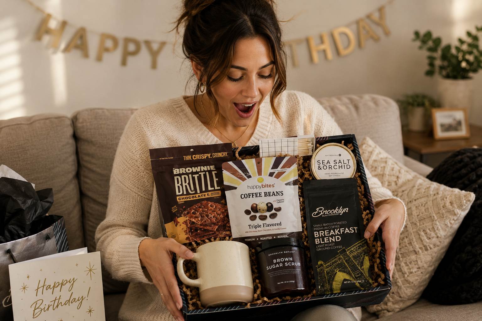 Last minute birthday gifts in a curated box with a candle, treats, and a note