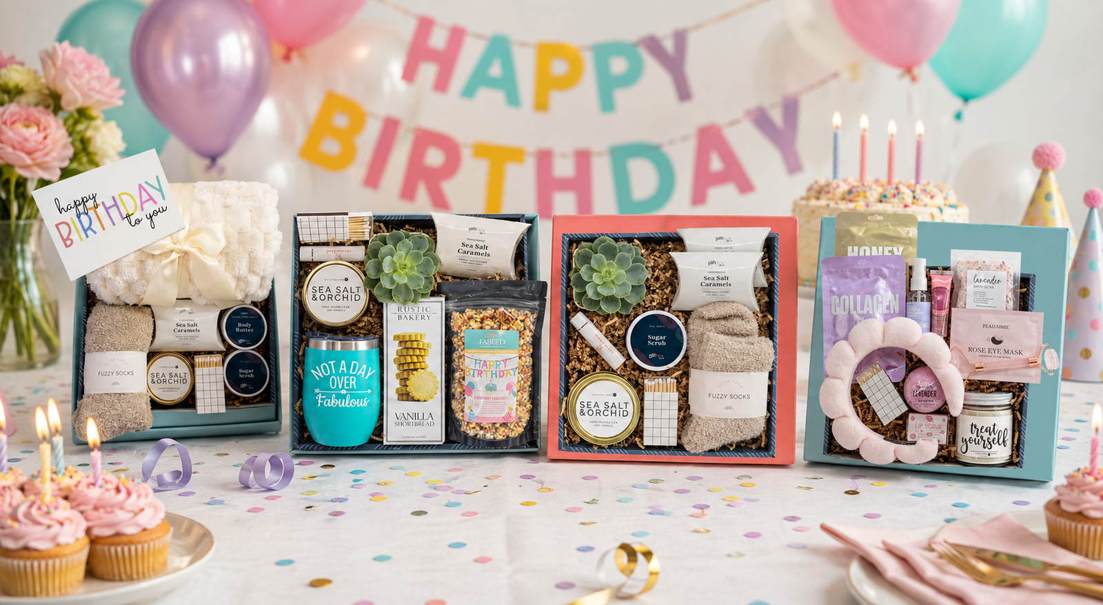 Last minute birthday gifts arranged inside a warm ready to ship gift box