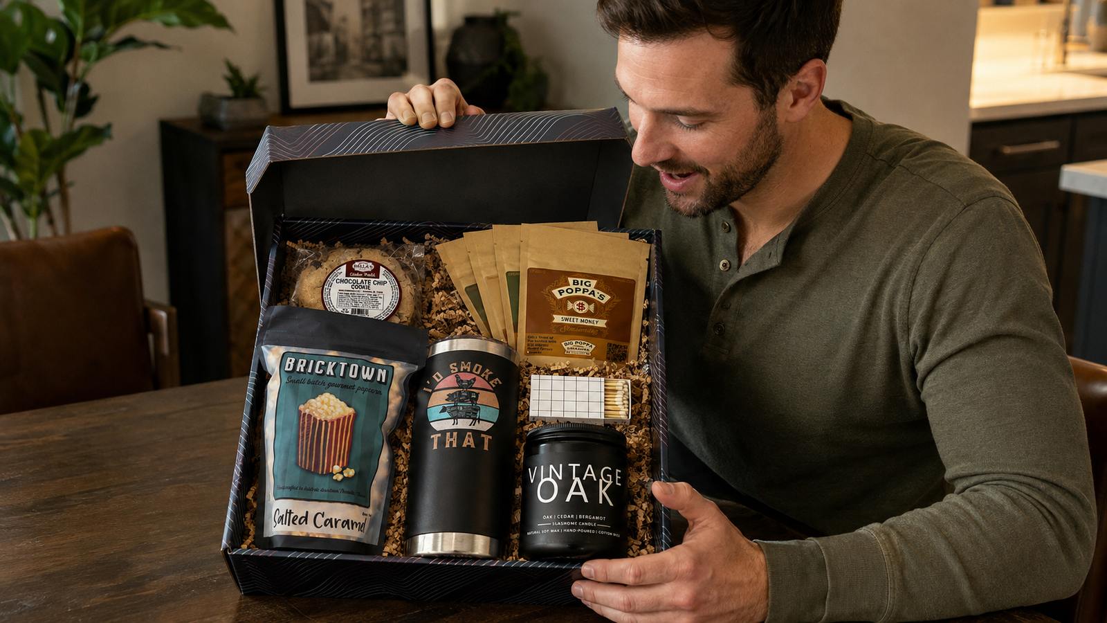 Men's gift box of snacks and a tumbler, an easy last minute birthday gift for him