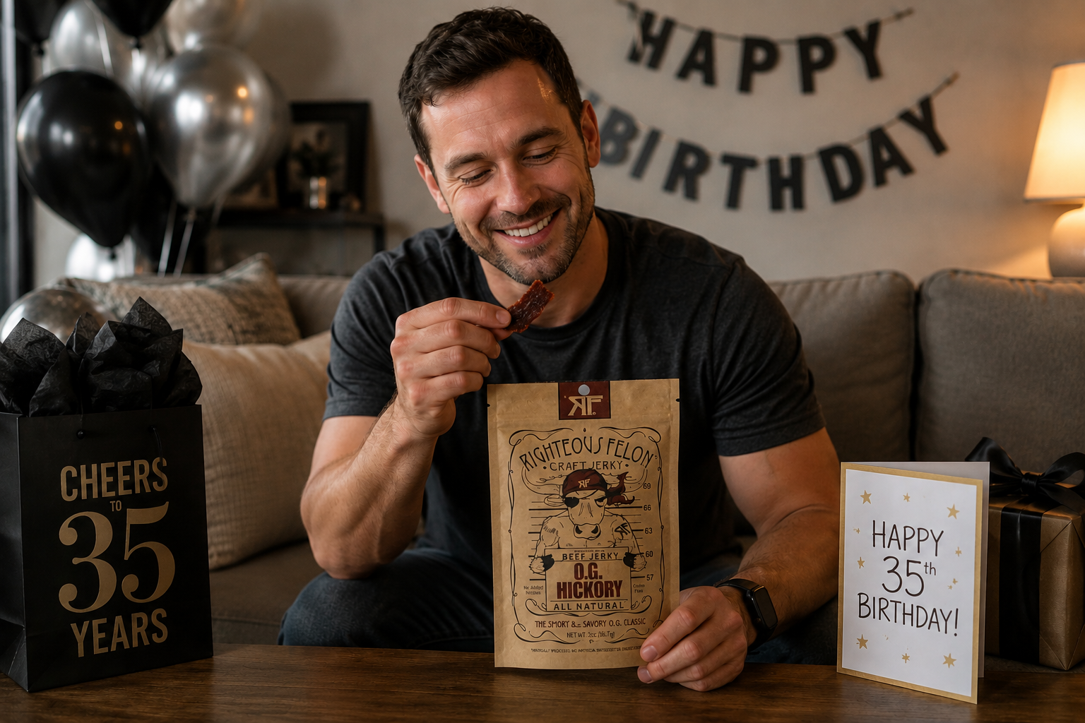 Mens birthday gift box with a personalized travel tumbler and snacks