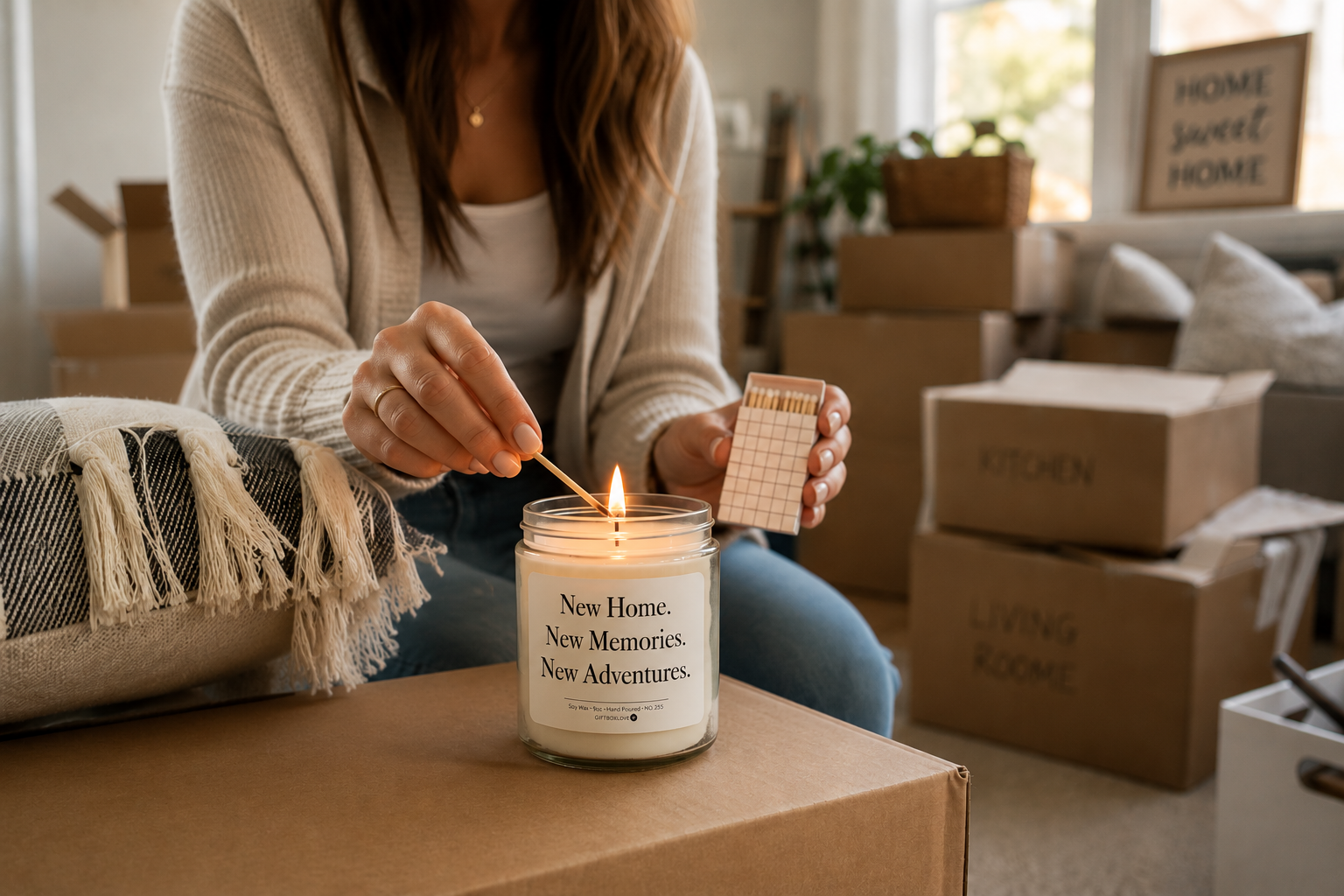 New home gift basket with mugs, coffee, a candle, and a cozy blanket