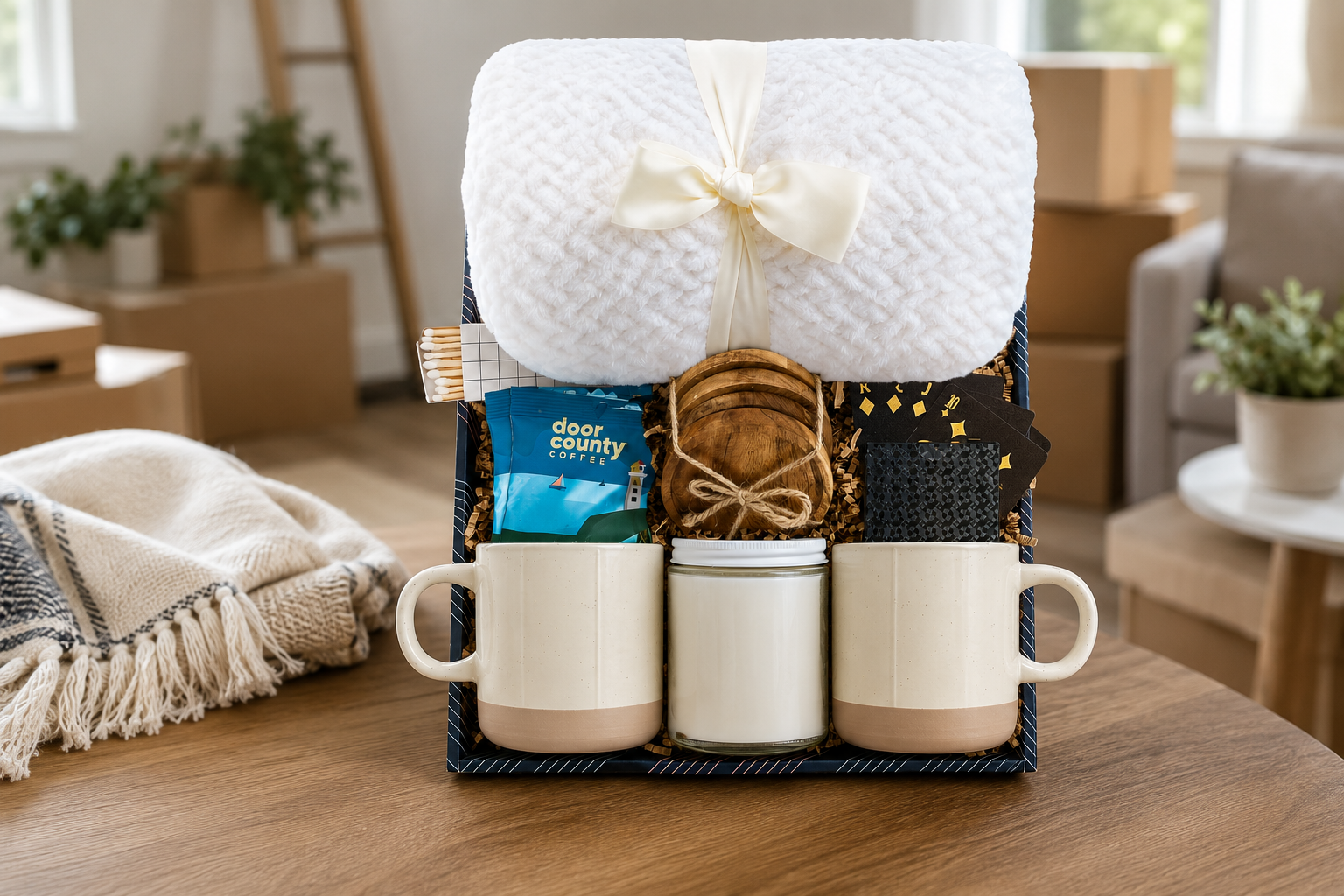 Housewarming gifts including a blanket, candle, and wood coasters for a new home