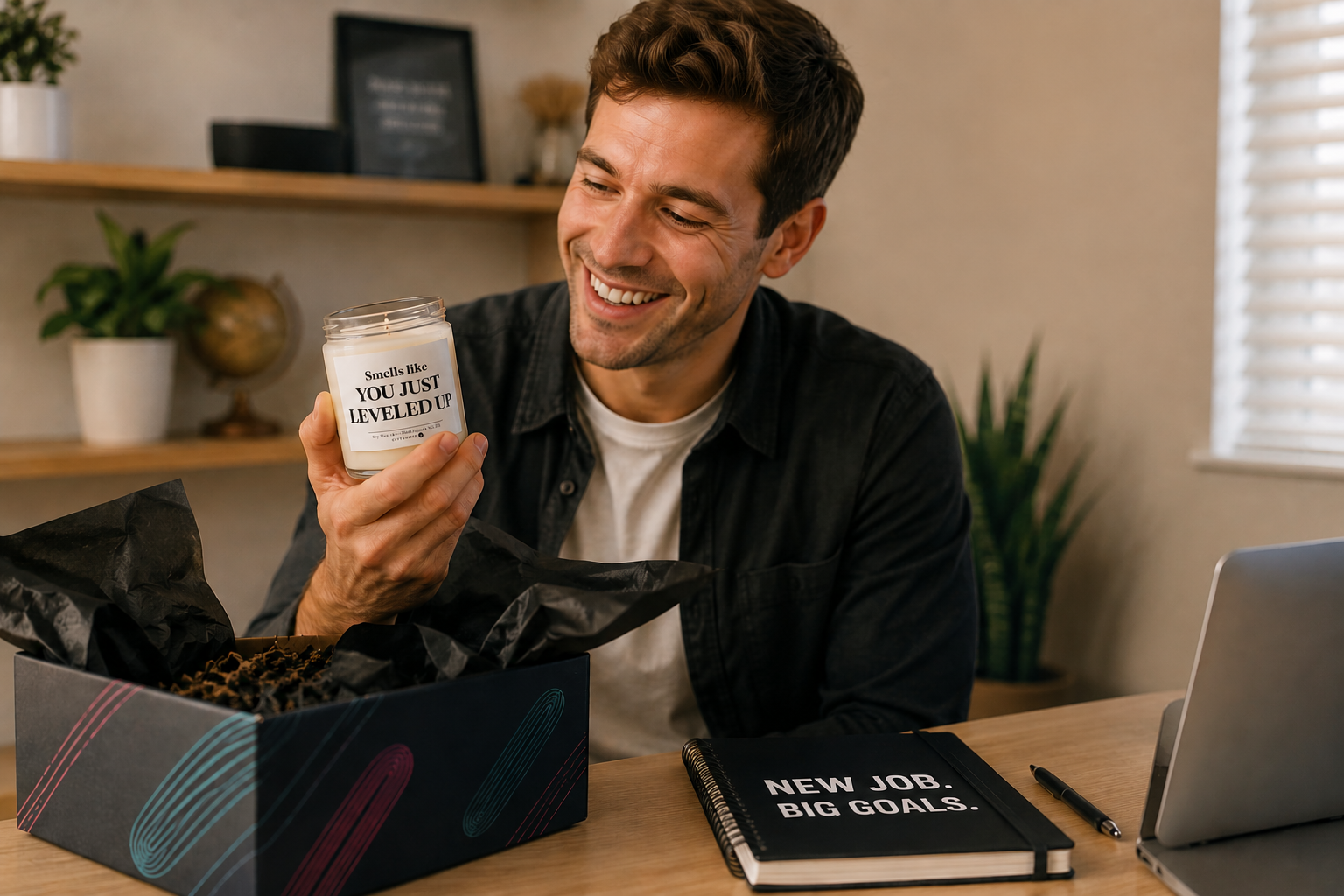Congratulations gifts for a new job shown in a celebratory gift box