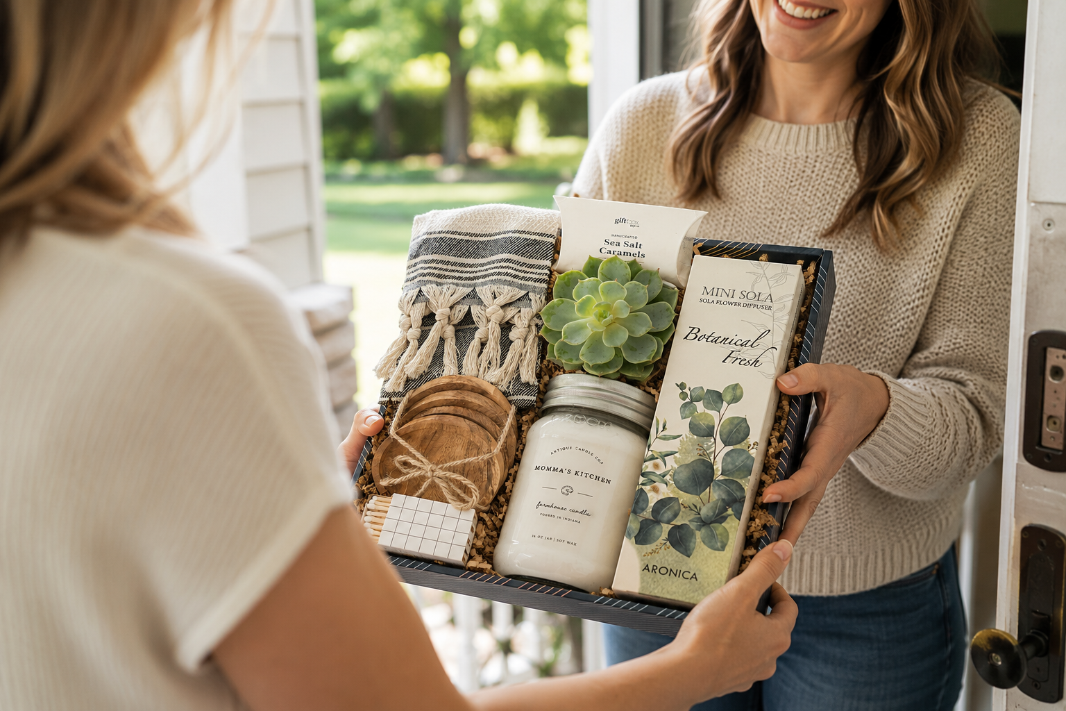 Gifts for new neighbors with a candle, tea towel, and sea salt caramels