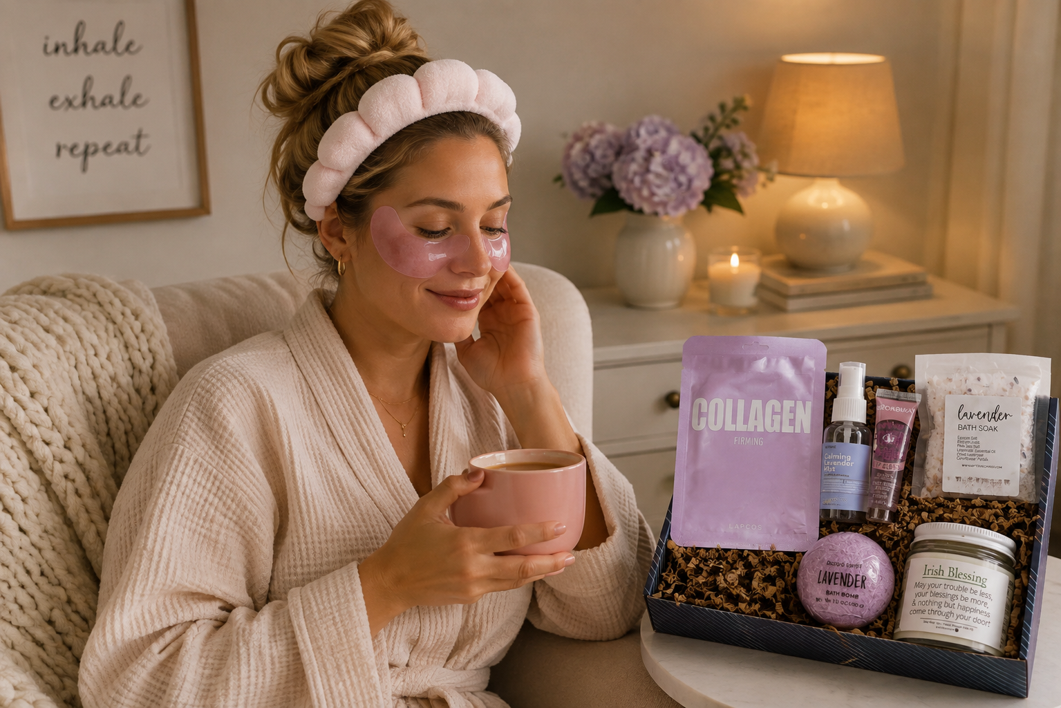 Spa gift baskets with candle, bath soak, sugar scrub, and soft spa essentials
