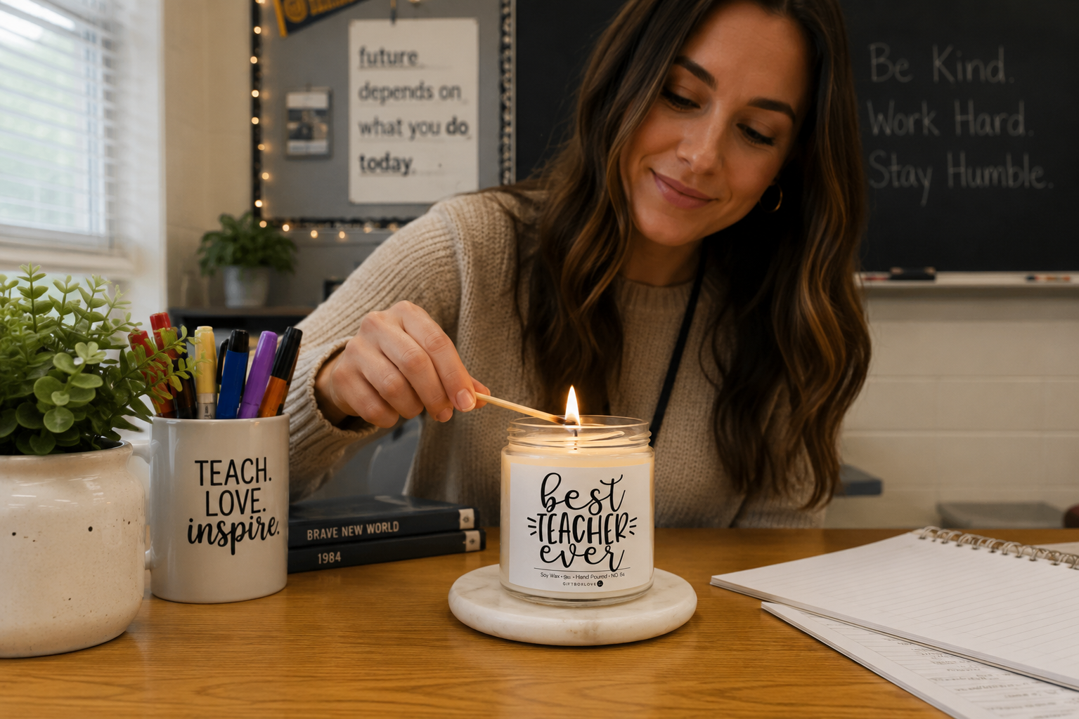 teacher appreciation gifts box with candle mug and treats for teachers