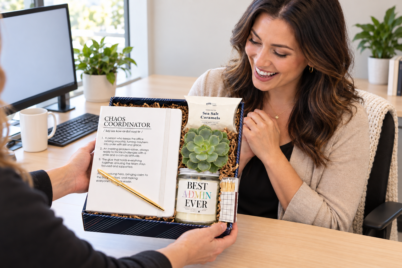 Thank you gifts for coworkers with a candle, snacks, and a notebook