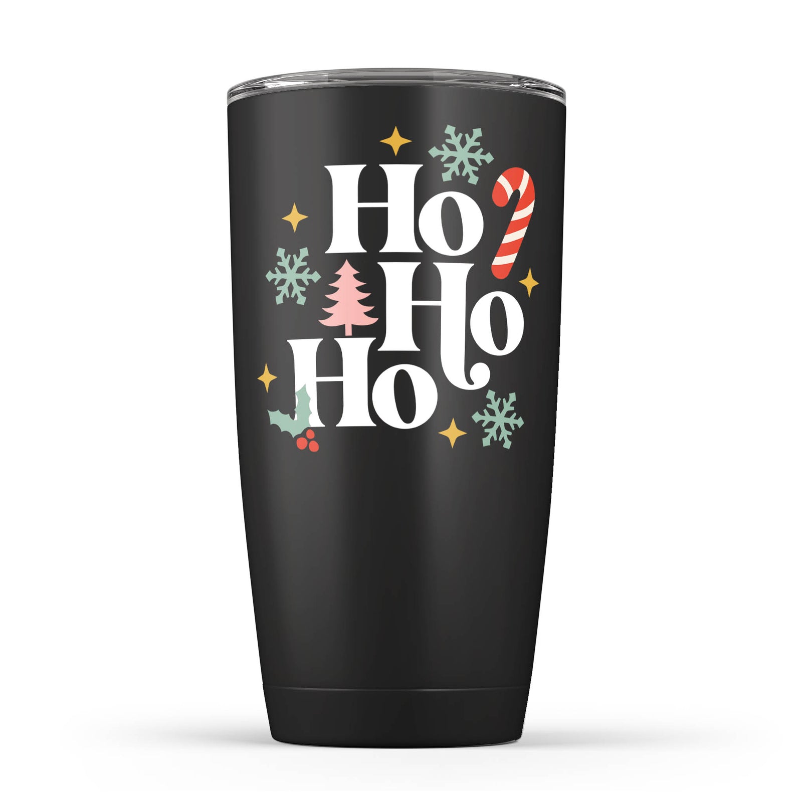 Ho Ho Ho Christmas tumbler black insulated cup with festive holiday design