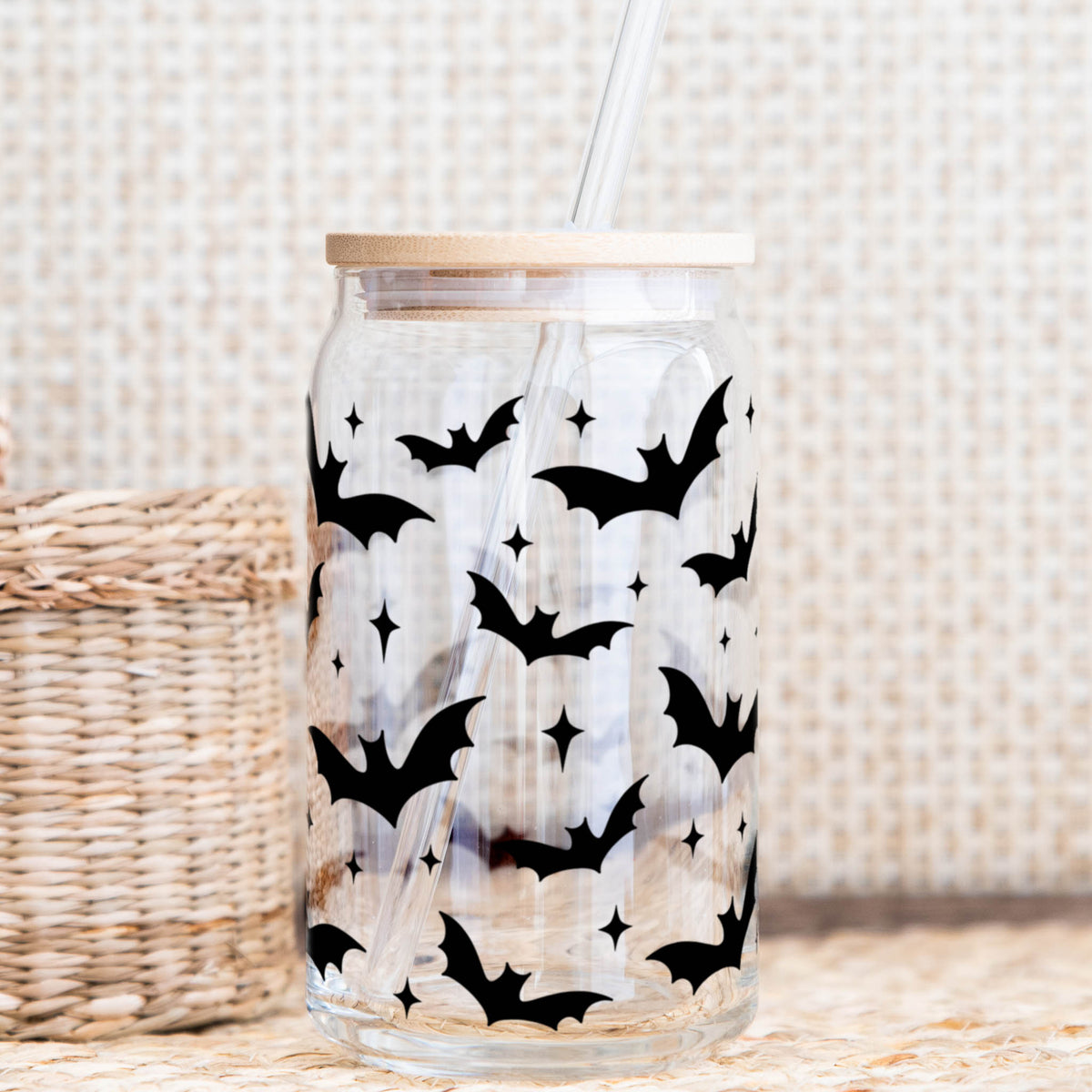 16 oz Bat Iced Coffee Glass with bamboo lid and reusable straw, Halloween Libbey cup