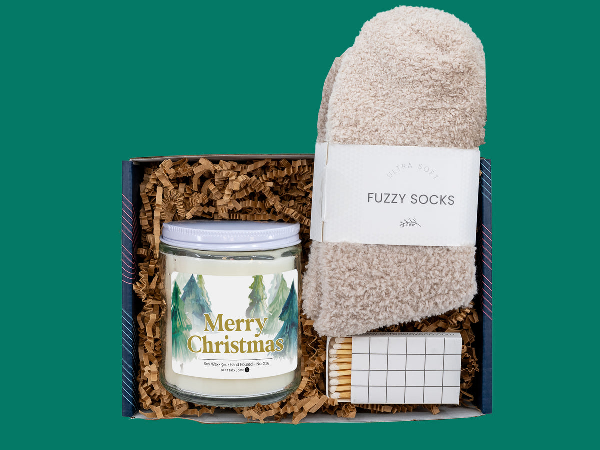 Holiday Comfort Gift Set – Candle, Fuzzy Socks &amp; Matches