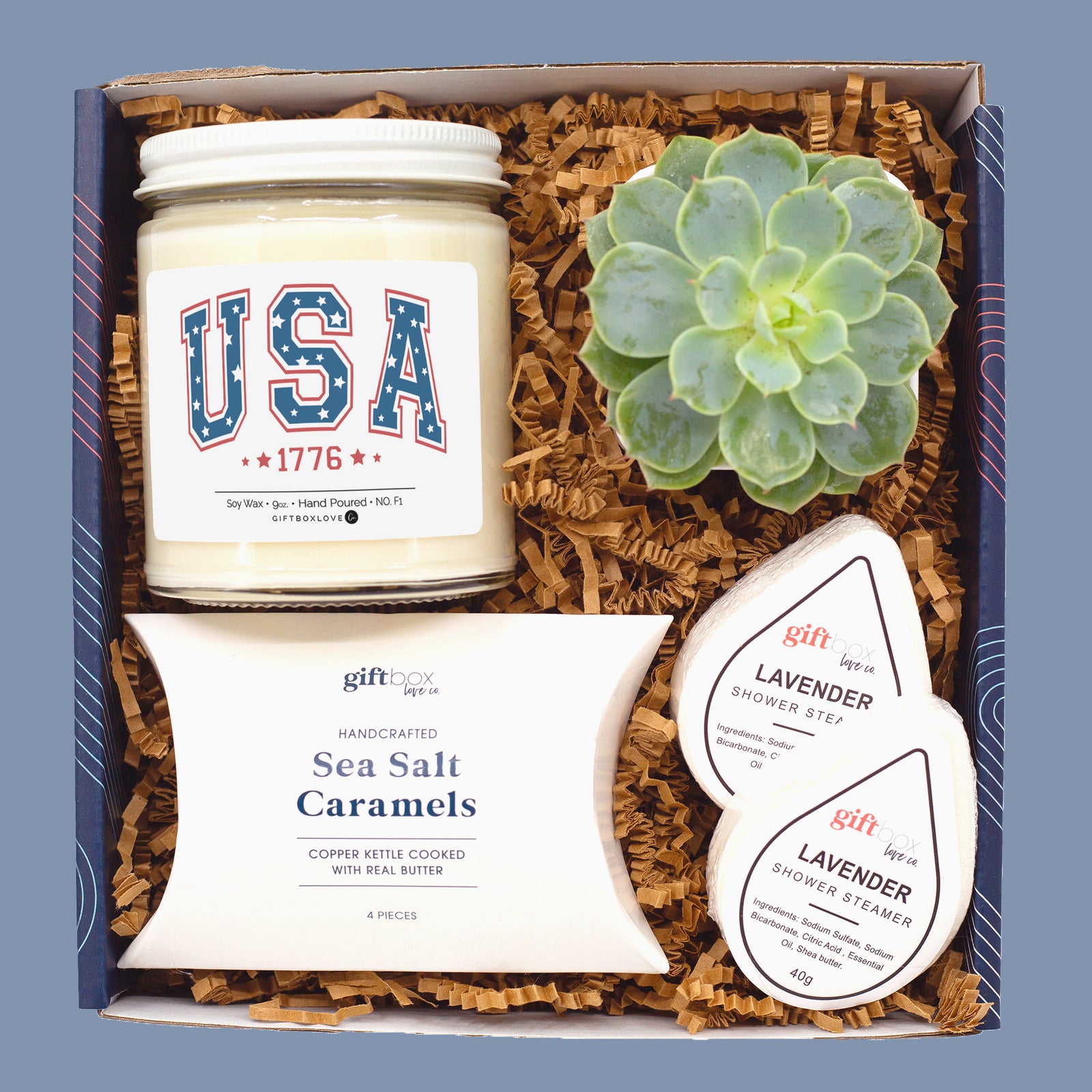 Fourth of July gift box with USA candle, succulent, caramels, and lavender shower steamers