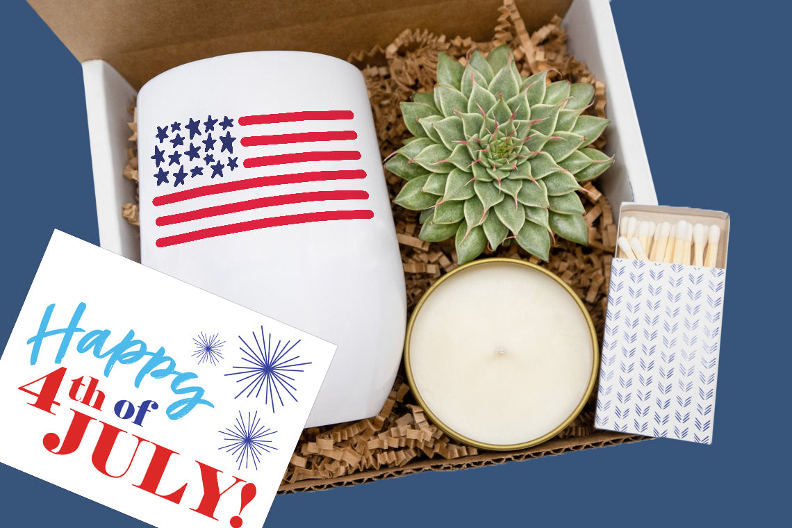 Fourth of July gift box with USA tumbler, succulent, soy candle, and festive matches