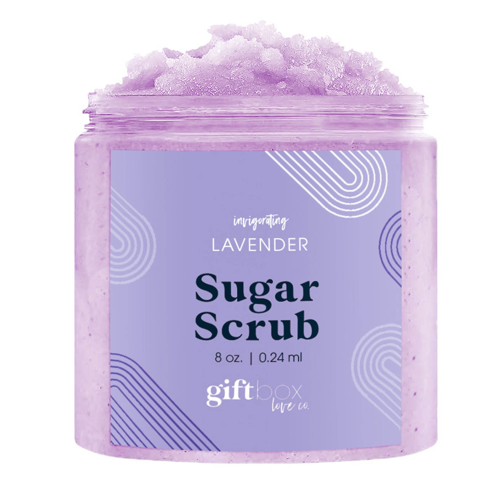 Lavender sugar scrub in 8 oz clear jar with purple label