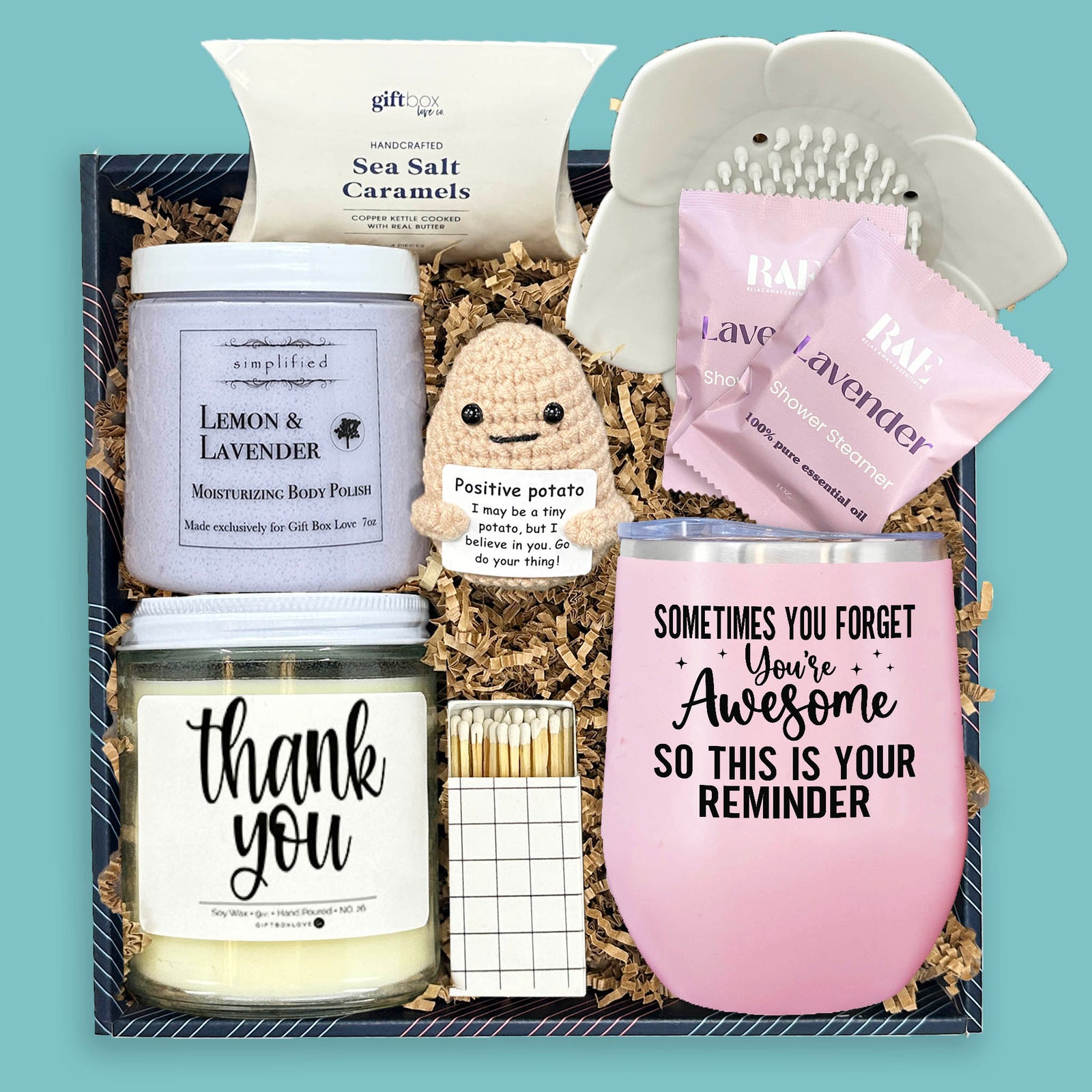 a little thank you gift box with pink tumbler thank you candle sugar scrub lavender shower steamers tray positive potato and caramels