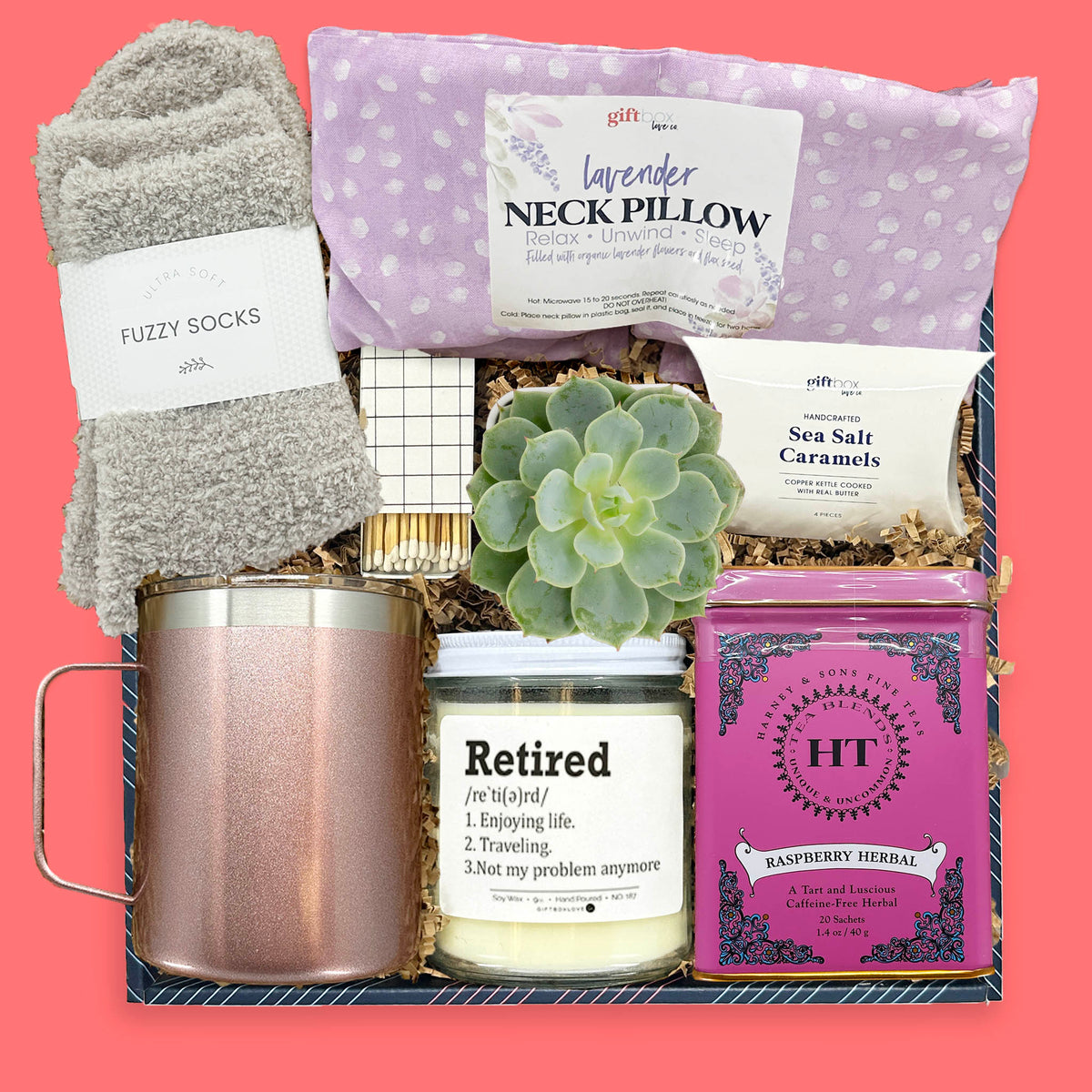 a relaxing new chapter retirement gift box with lavender neck pillow fuzzy socks rose gold mug herbal tea candle and succulent
