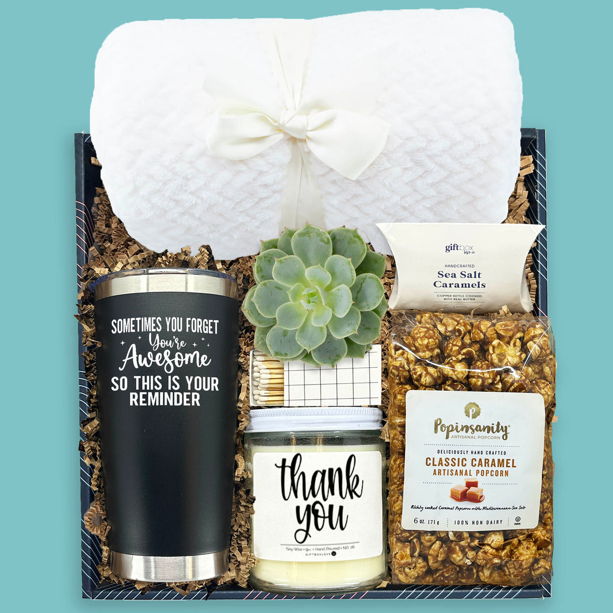 a sweet thank you gift box with plush blanket insulated tumbler thank you candle caramel popcorn succulent and sea salt caramels