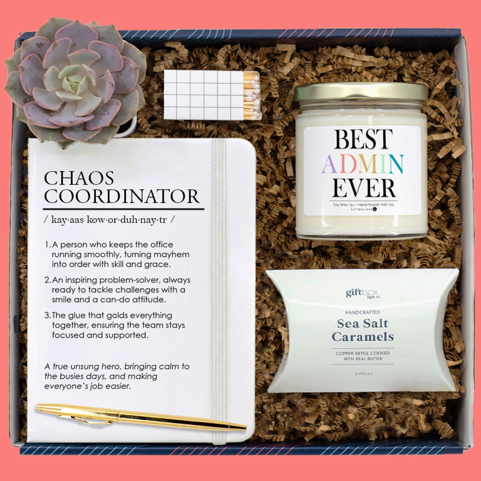 Admin Appreciation Gift Box with succulent, soy candle, notebook and pen, sea salt caramels, and matches—ideal gift for executive assistants and office staff.