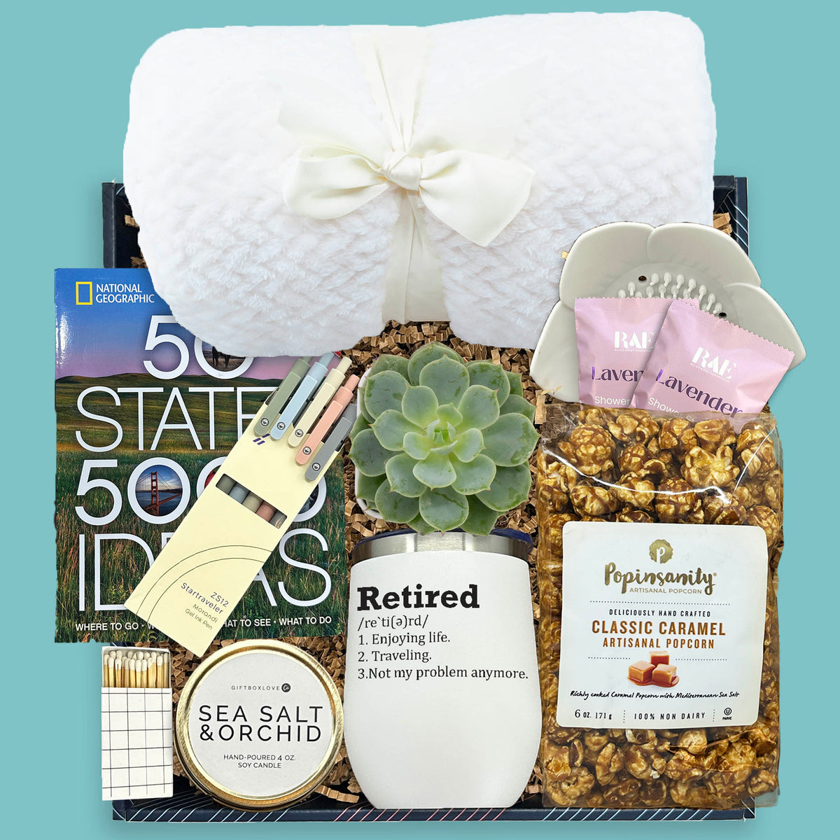 adventures ahead retirement gift box with blanket travel book tumbler succulent caramel popcorn and self-care gifts