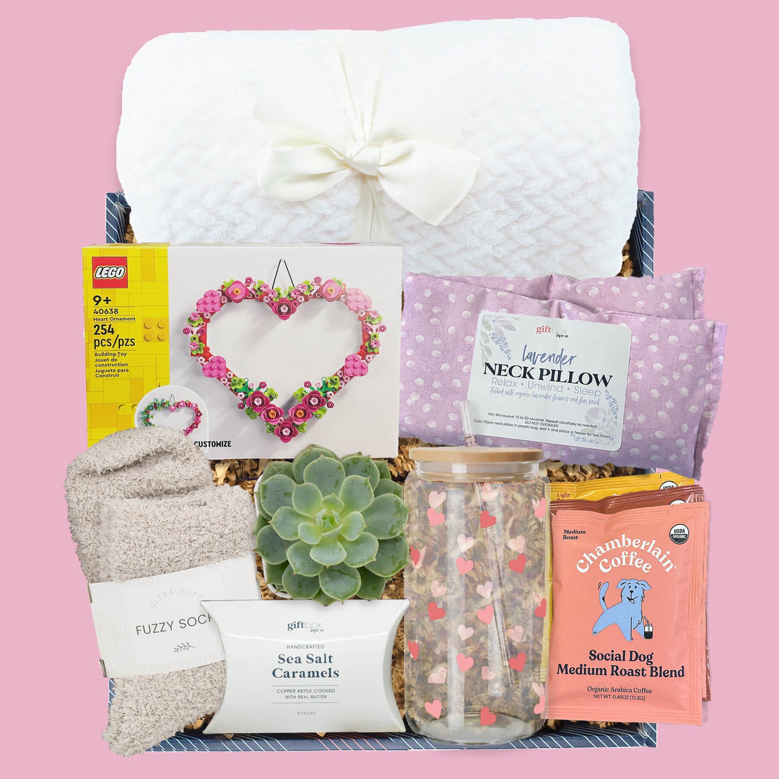 Luxury Valentine’s gift box with blanket, LEGO heart kit, candle, coffee, succulent, and cozy self care items
