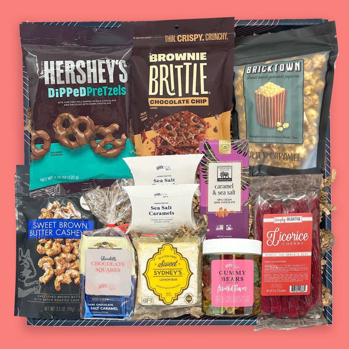 All the Snacks gift box filled with chocolates, popcorn, pretzels, and assorted sweets