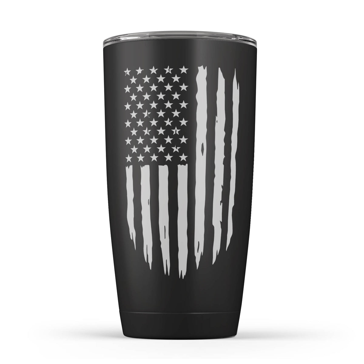 black 20 oz insulated tumbler with distressed American flag design