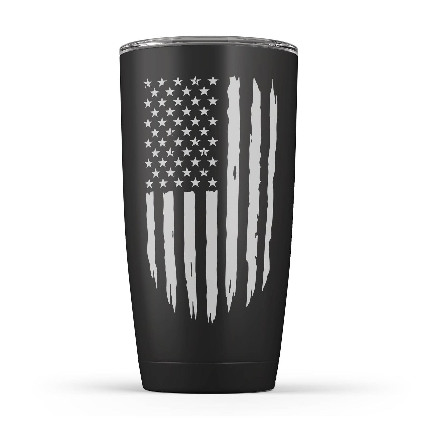 black 20 oz insulated tumbler with distressed American flag design