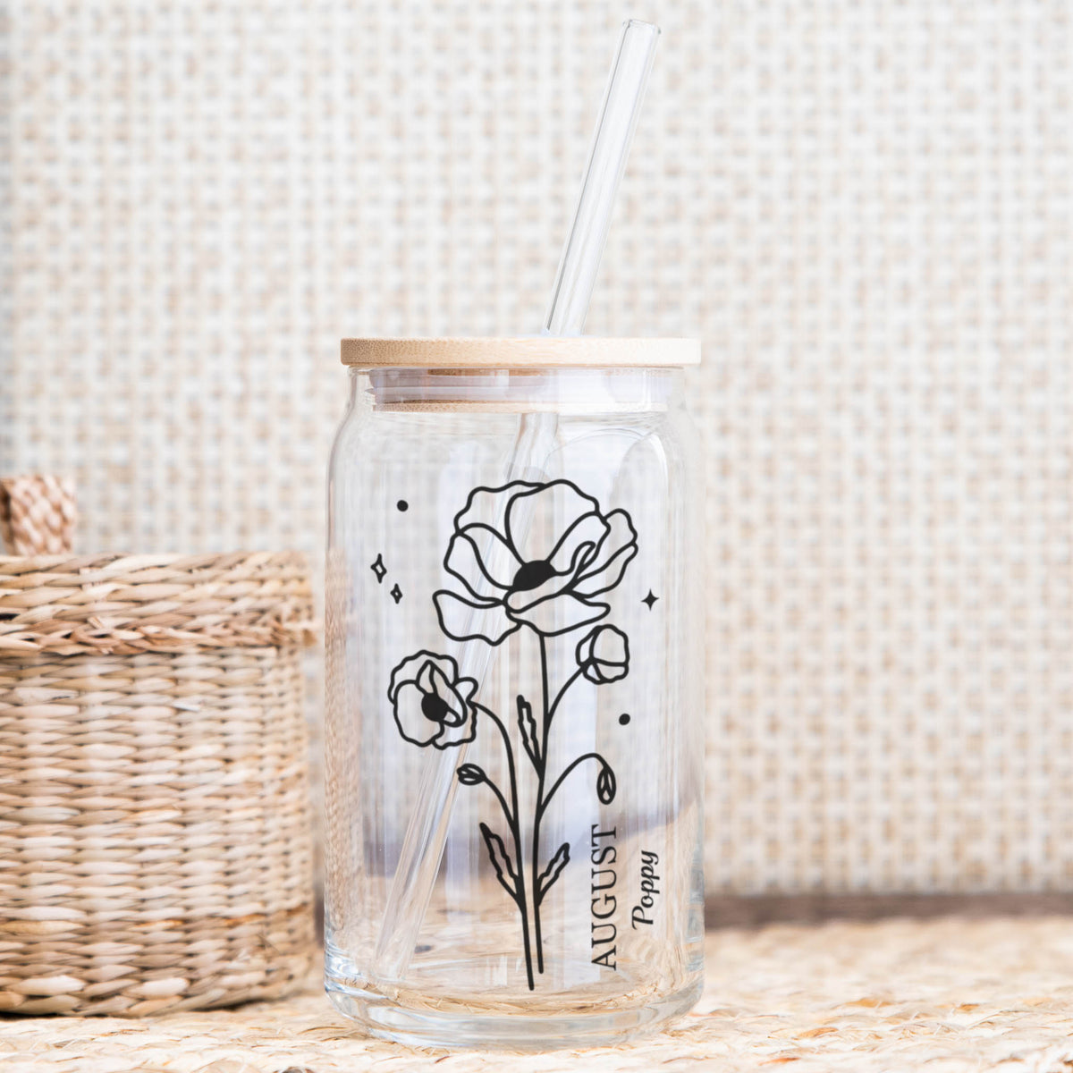 August poppy birth flower Libby glass with bamboo lid and straw