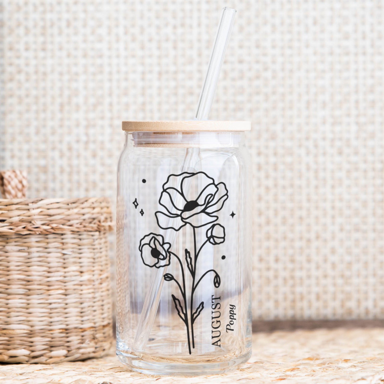 August poppy birth flower Libby glass with bamboo lid and straw