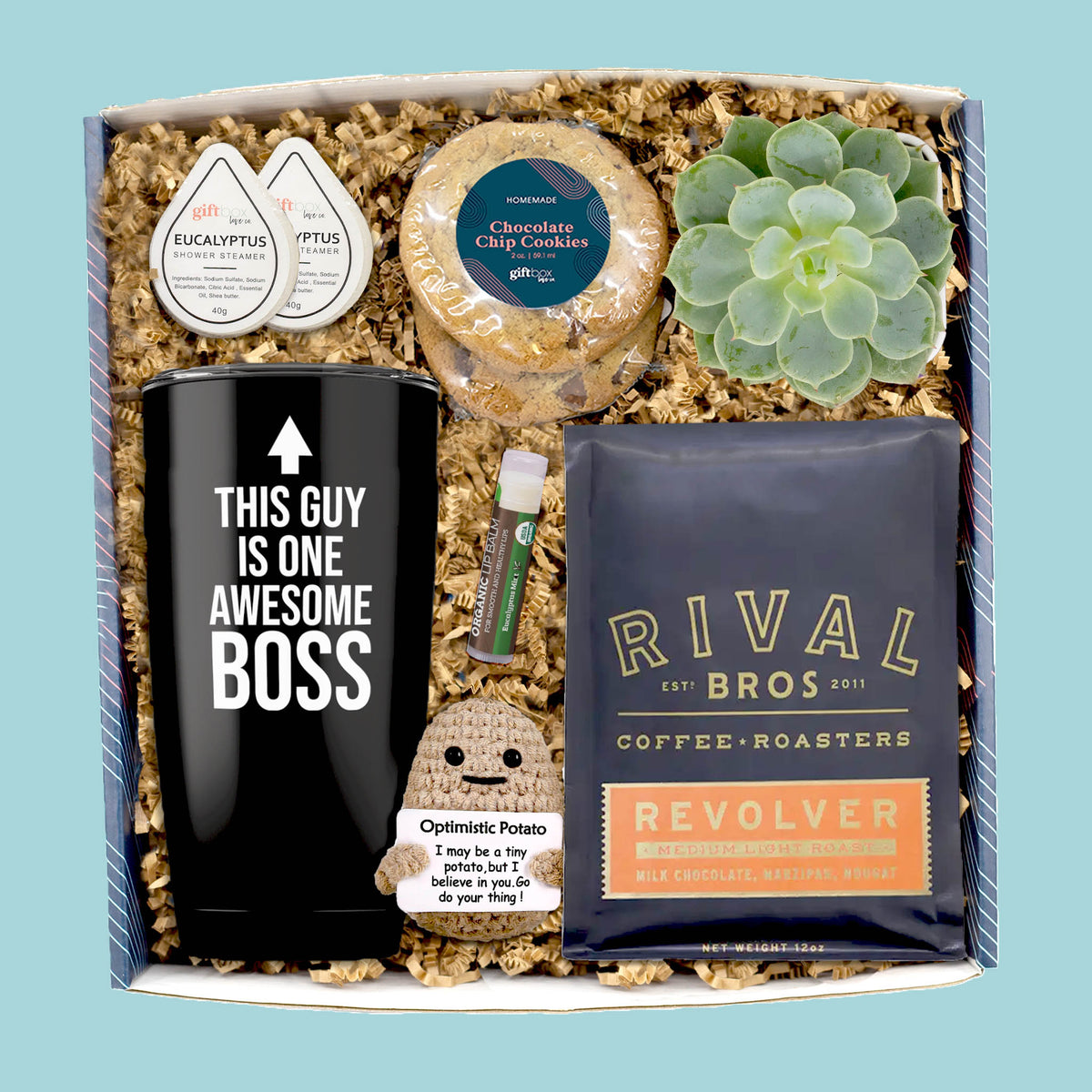 Boss’s Day gift box with tumbler, coffee, cookies, succulent, shower steamers, lip balm, and plush potato.