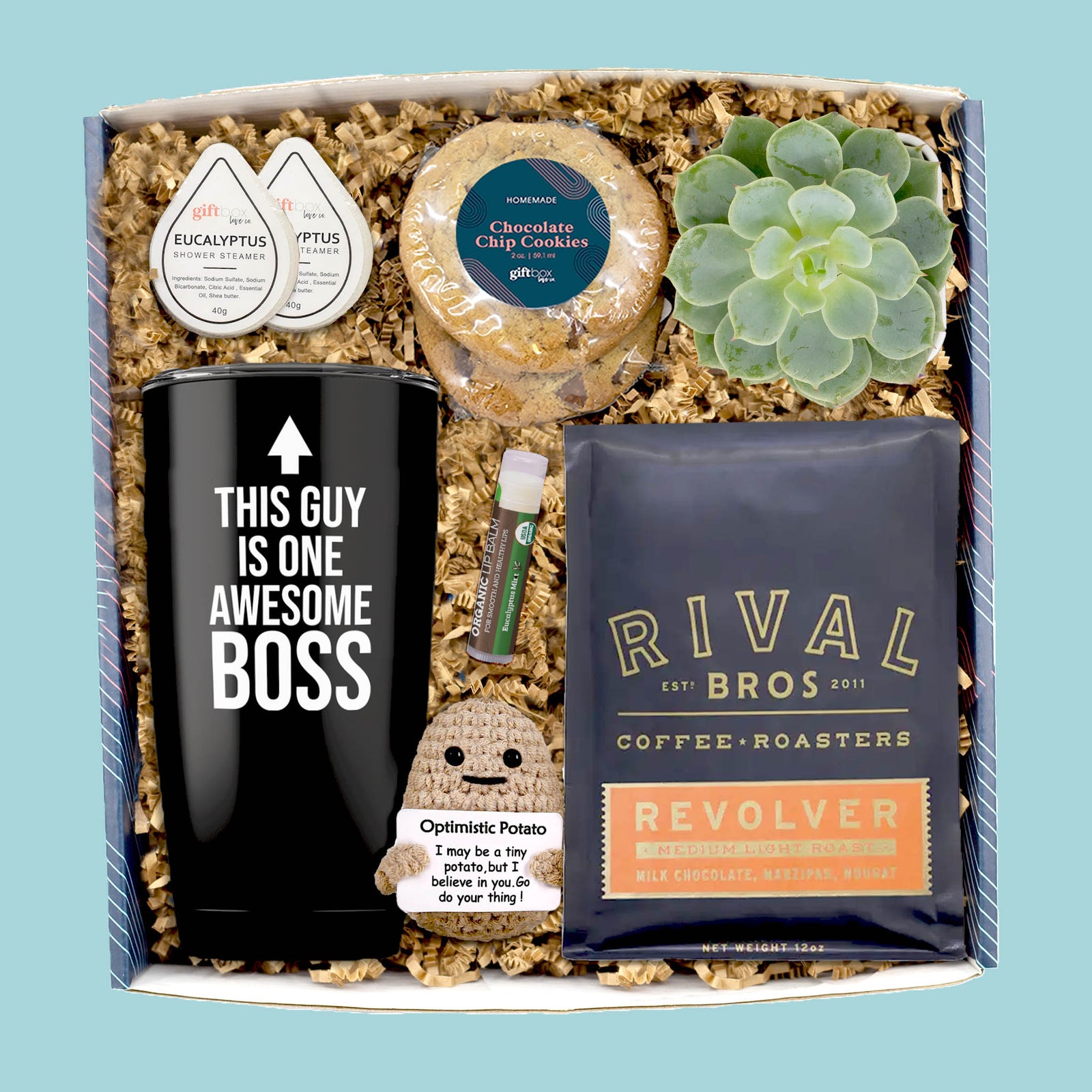 Boss’s Day gift box with tumbler, coffee, cookies, succulent, shower steamers, lip balm, and plush potato.